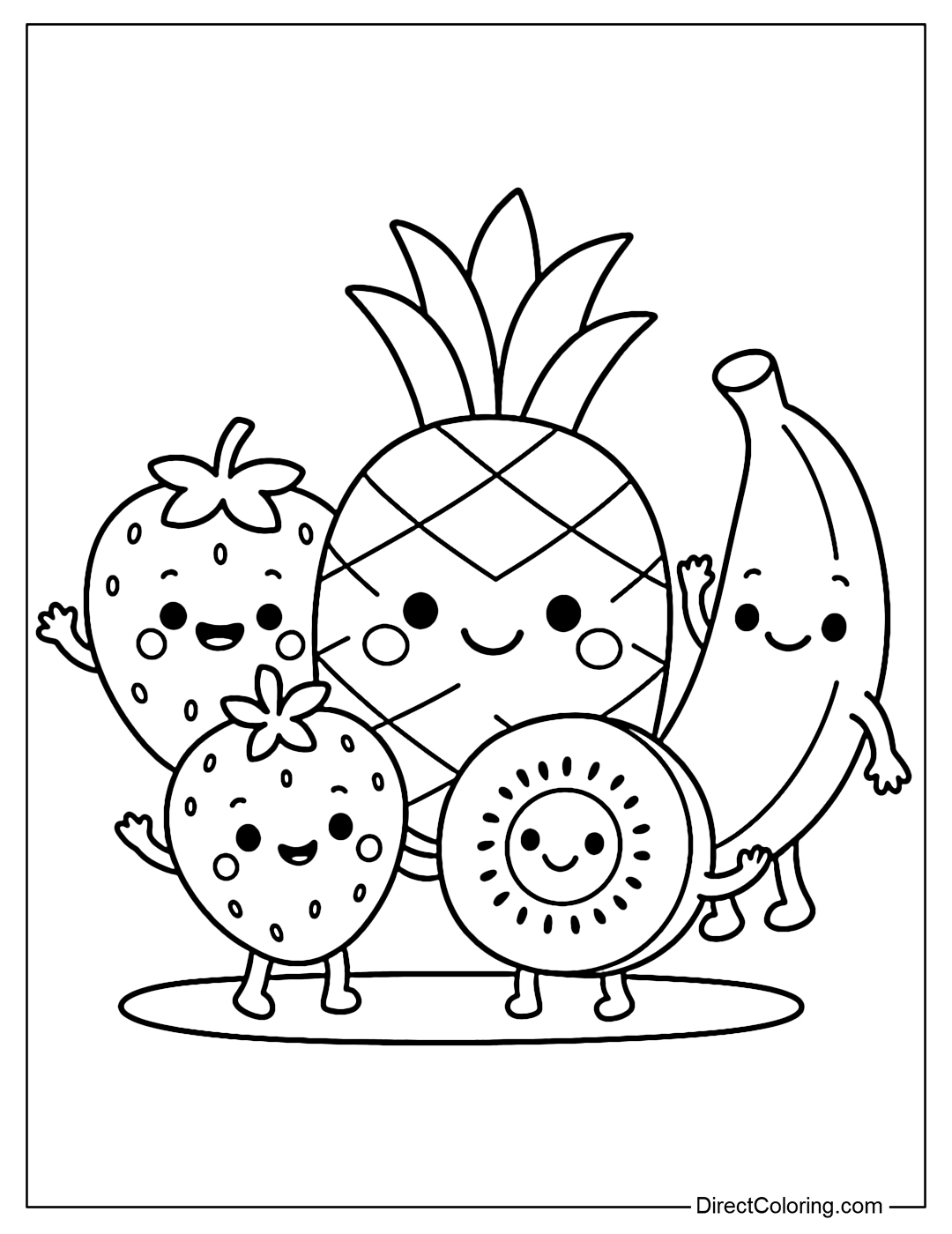 A pineapple coloring page that plays with fruit friends: strawberries, bananas, kiwis.