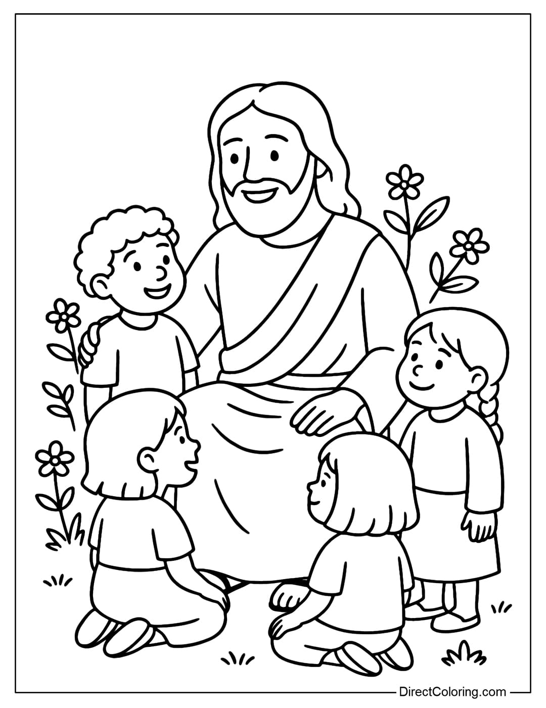 Jesus Coloring Page sitting low to the level of children, smiling warmly, surrounded by 3-5 babies, some flowers and small trees behind.