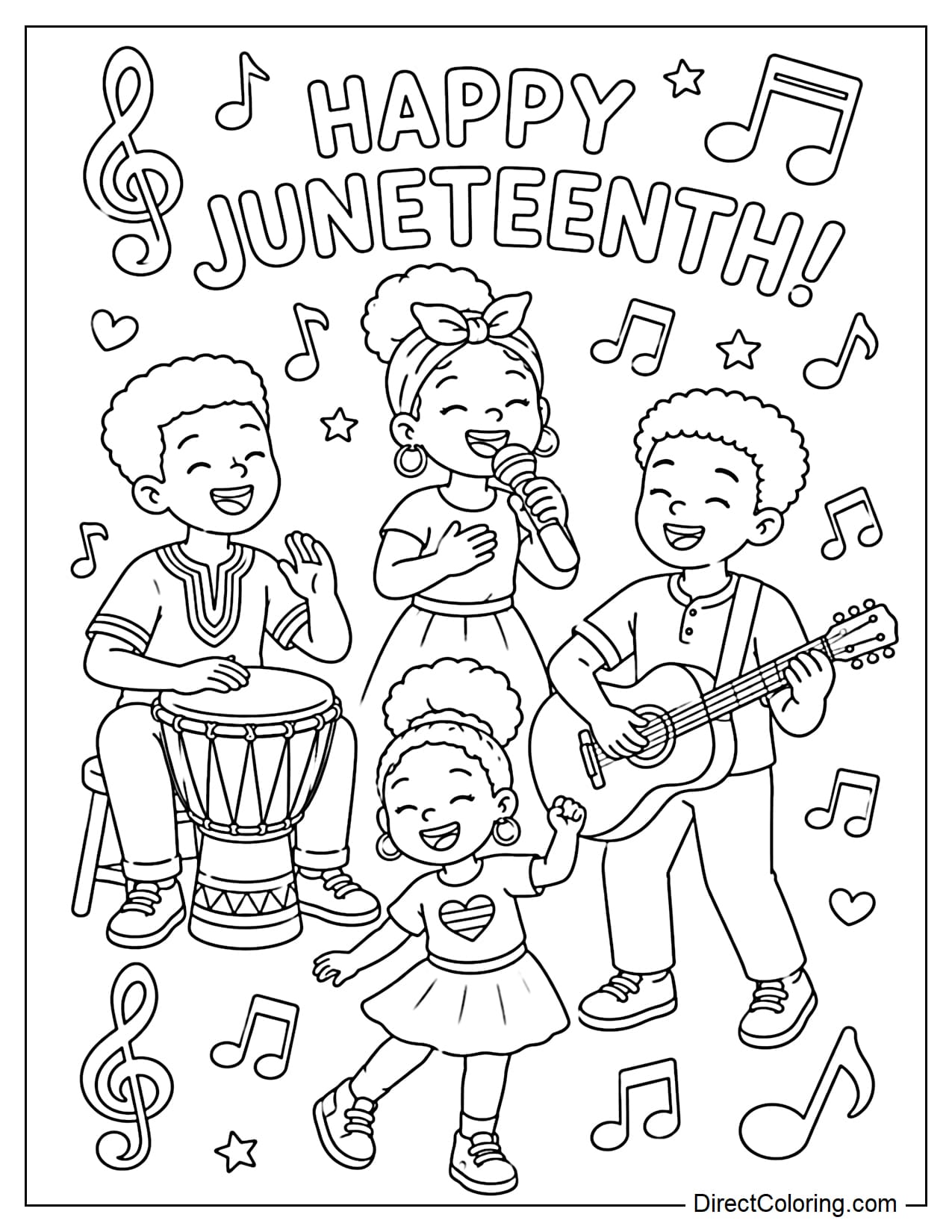 A group of people playing music and singing to celebrate Juneteenth with drums, guitars, and large musical notes decorating the area.