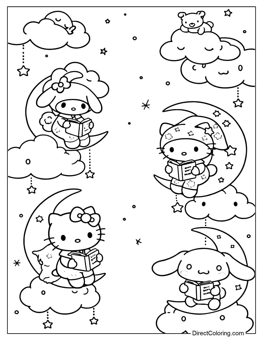 Coloring page of cute Sanrio characters sitting on the moon and clouds, reading books under a starry sky.