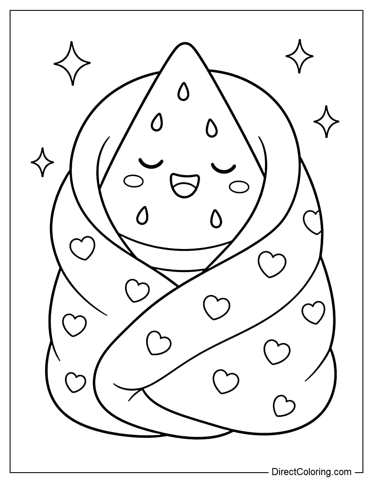 A watermelon slice wrapped in a large blanket like a burrito, with a sleepy smiling face.