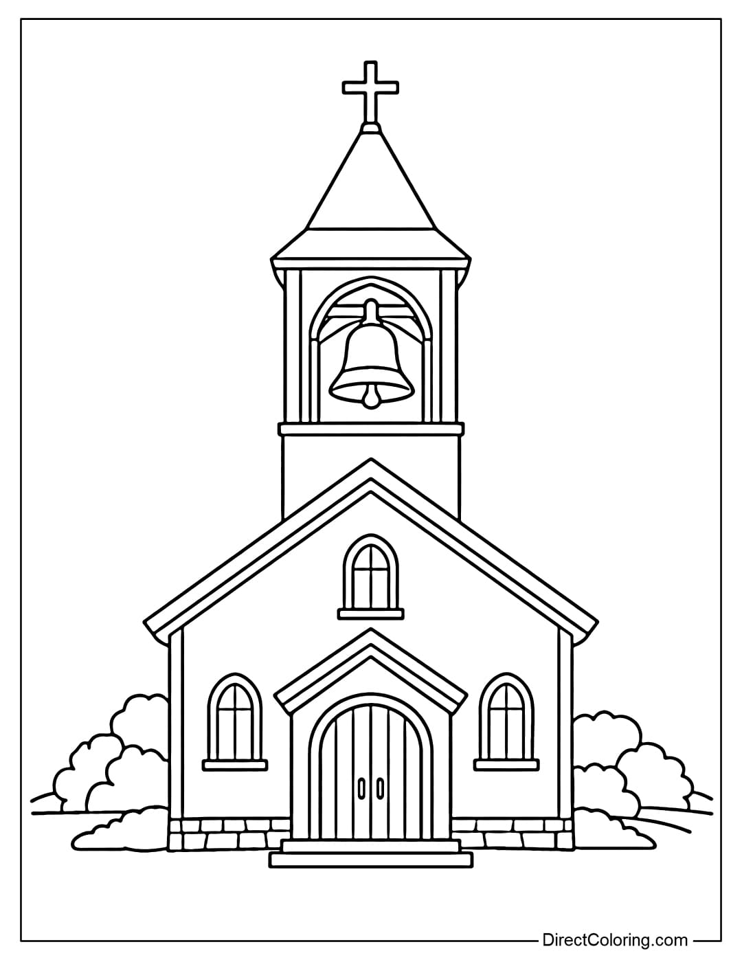 Coloring page of a church with a simple bell tower and a bell hanging inside.