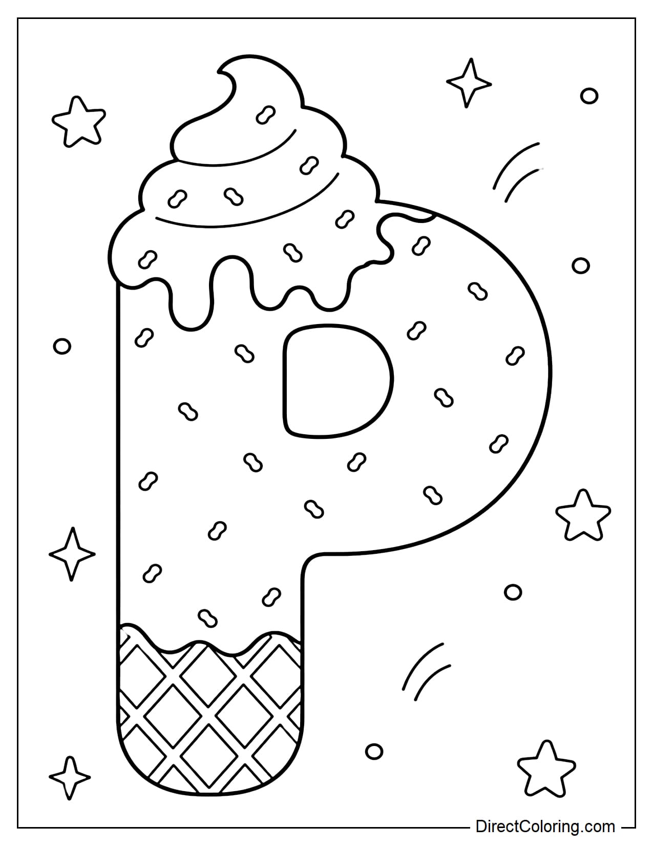 A large uppercase letter P made from soft serve ice cream, with a light, melting cream topping. The entire letter is sprinkled with tiny sprinkles, and the base has a waffle texture. It is surrounded by small stars and dots.
