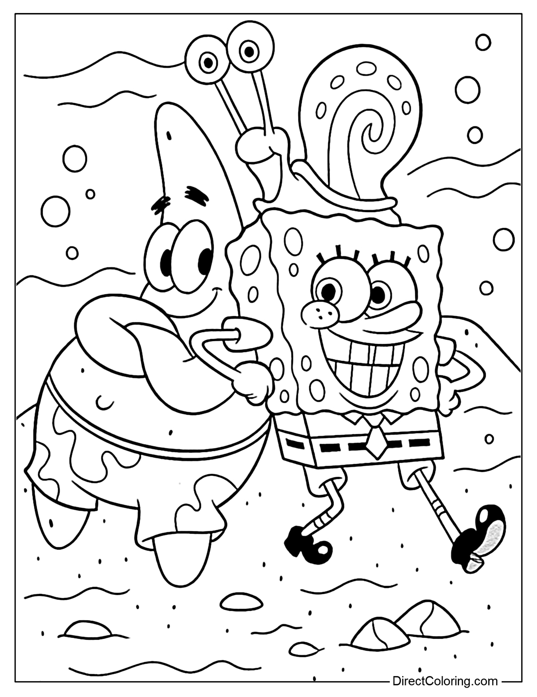 Coloring Page of Patrick, SpongeBob, and Gary the snail pose happily together, showing off a fun dance move.