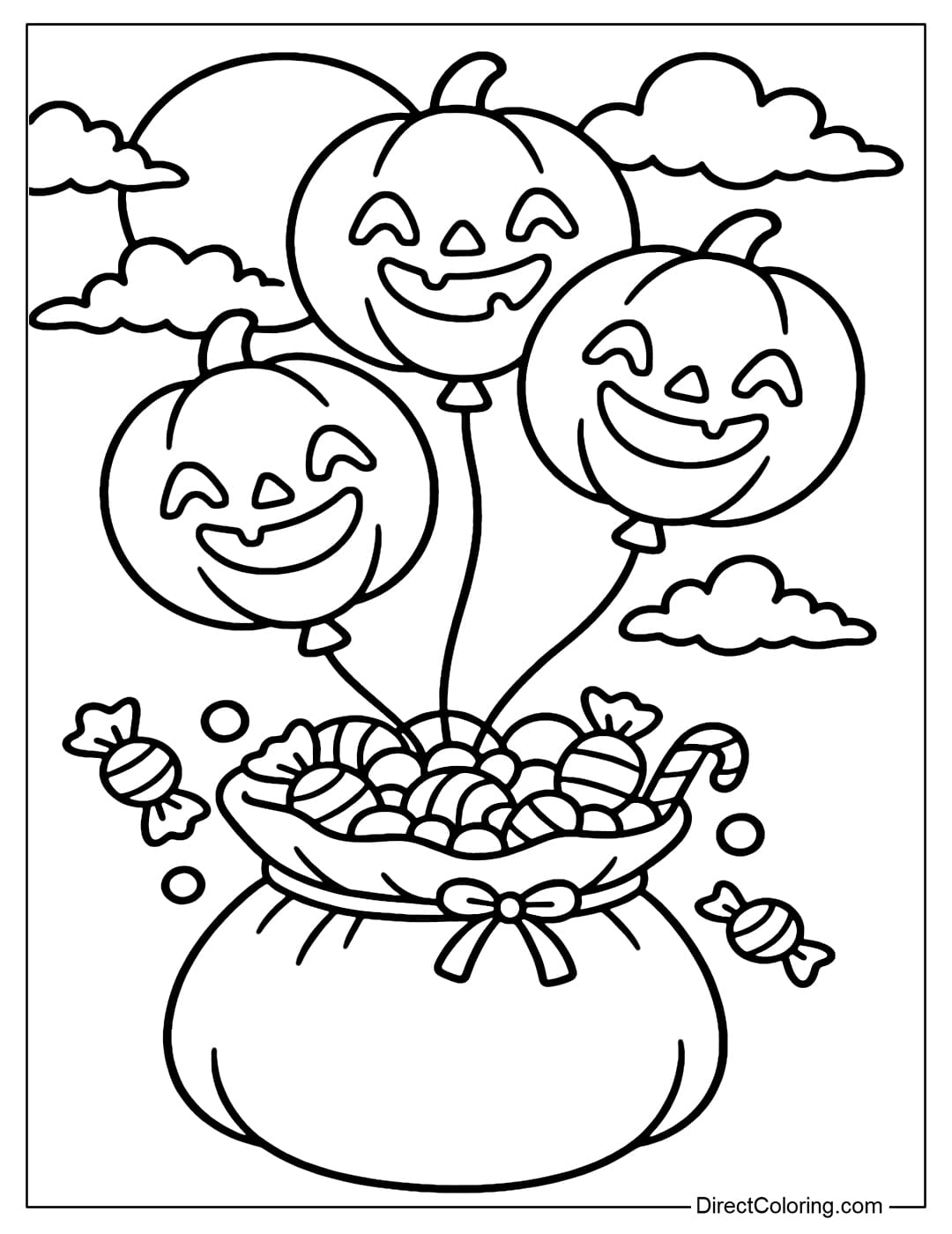 A pumpkin-shaped balloon with a mischievous smiley face tied to a bag full of candy, with a full moon and some spooky clouds behind it.