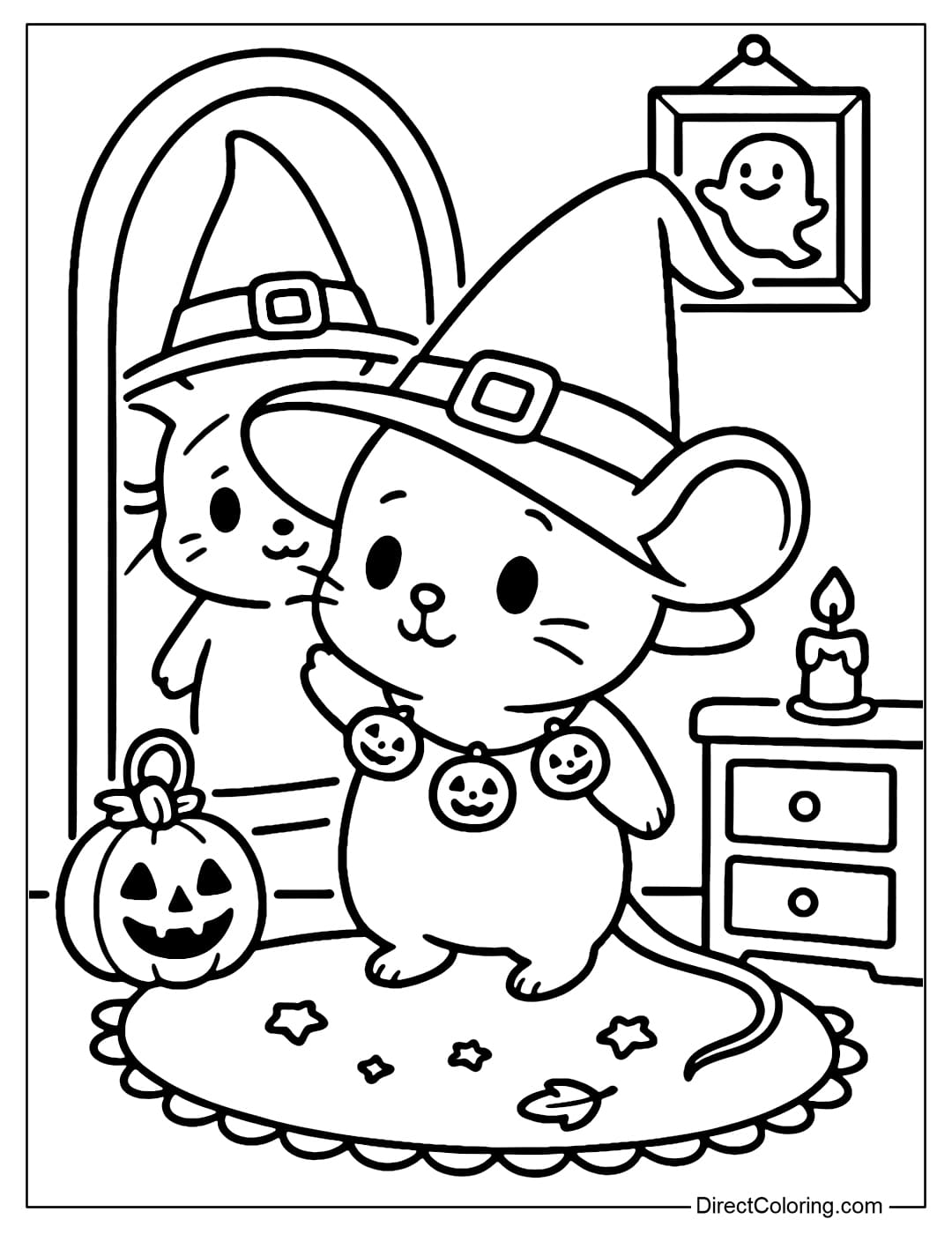A coloring page of a little mouse wearing an oversized witch hat, looking in the mirror. Next to the mirror is a mini pumpkin lantern and a small cabinet hanging Halloween pictures.
