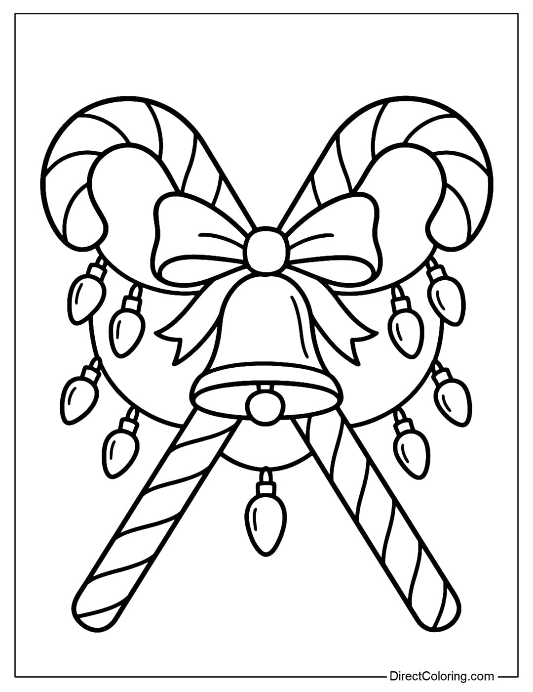 A coloring page of two intersecting candy canes, with a large bell in the middle, and a string of Christmas lights and ribbons hanging around it.