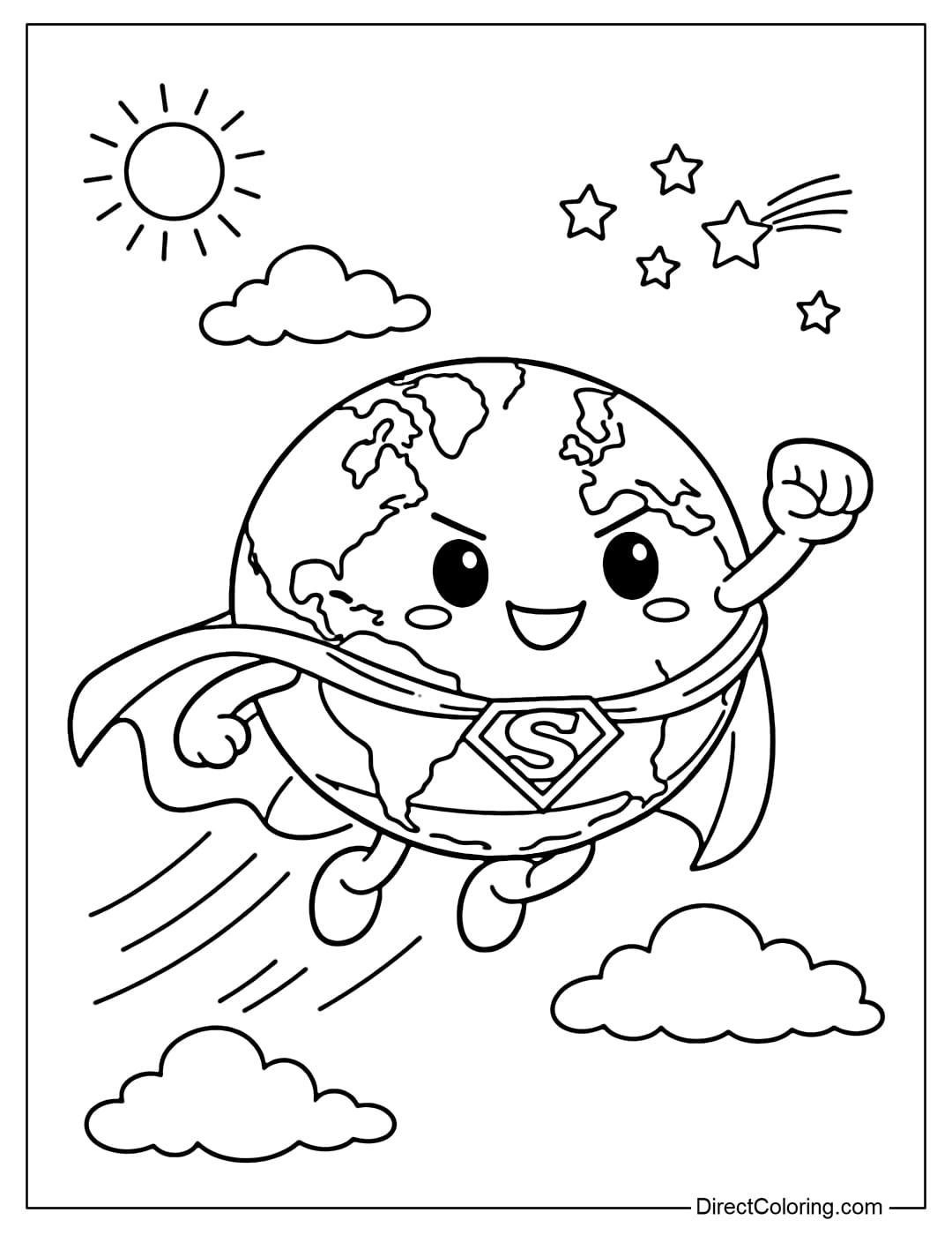 A coloring page featuring an animated Earth wearing a superhero cape, flying bravely through the sky.