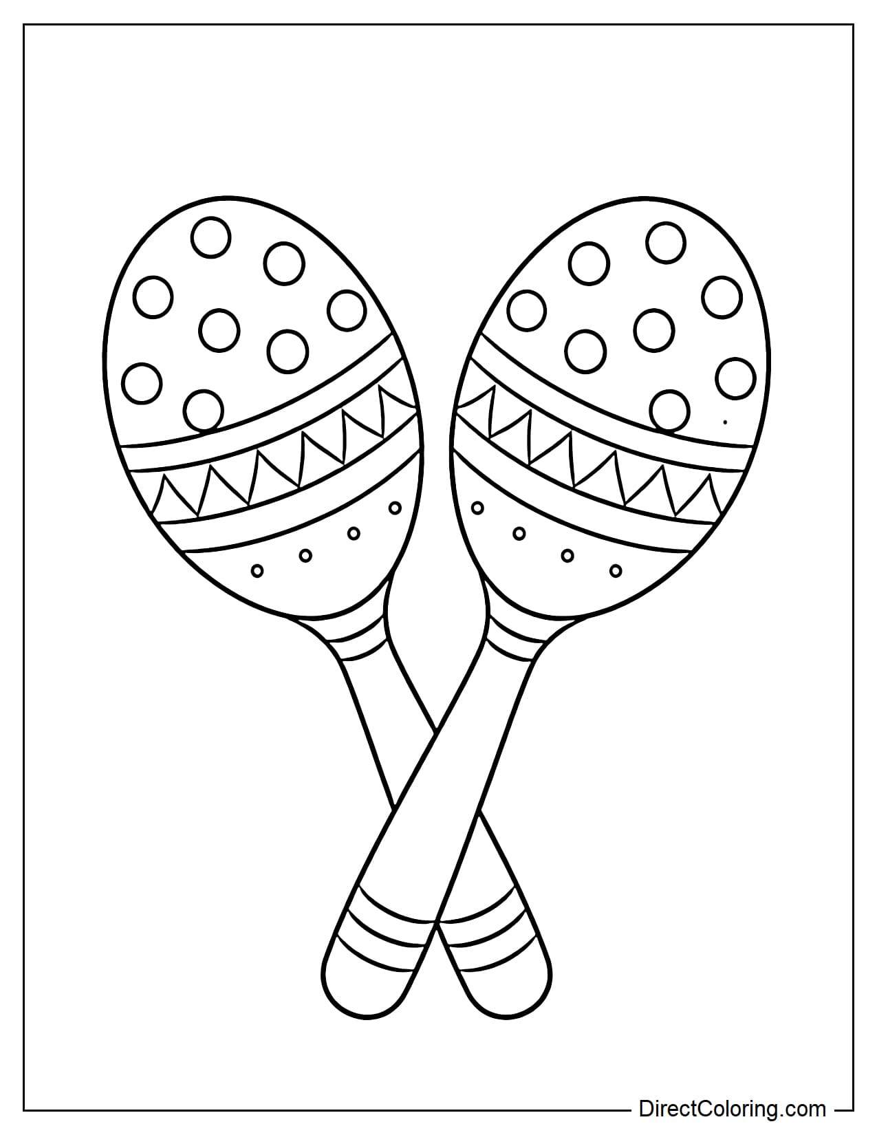 A pair of maracas placed diagonally, decorated with polka dots, zigzags, and stripes.