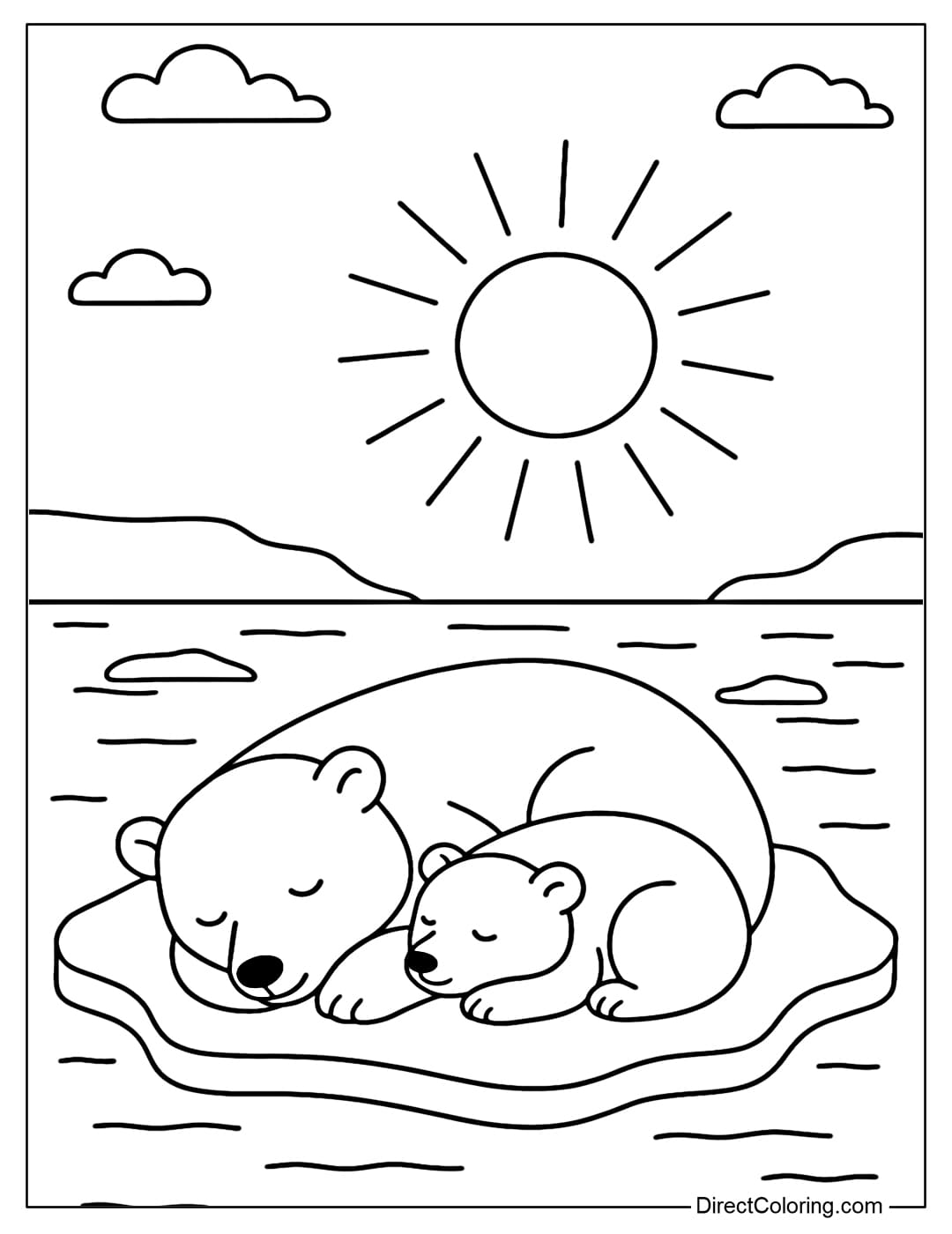 A white bear mother and child coloring page lying on the ice, hugging each other and sleeping peacefully.