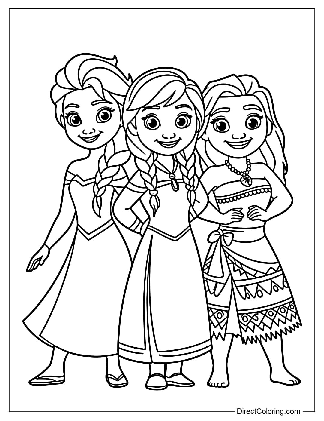Coloring page of Disney princesses Elsa, Anna, and Moana standing together.