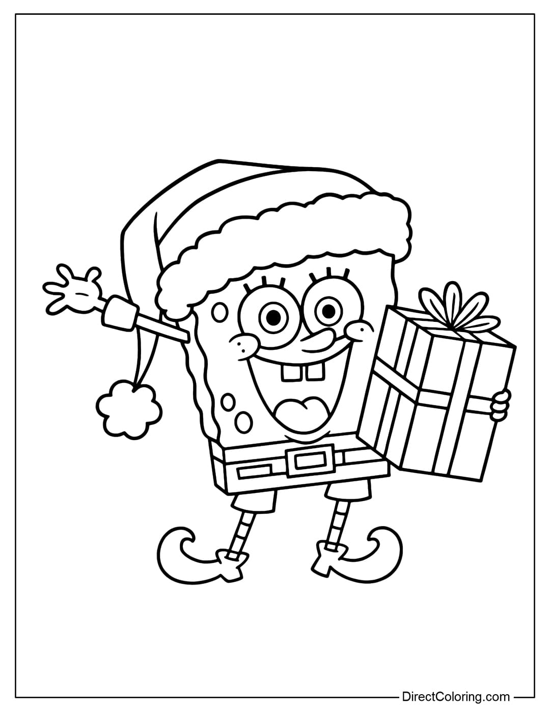 Coloring page featuring SpongeBob dressed as Santa, happily holding a big wrapped present.