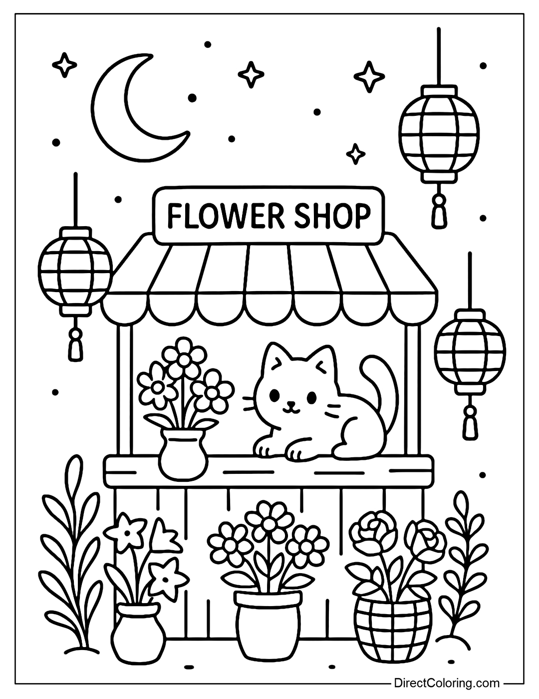 Moonlight night market flower shop coloring page, shimmering lanterns, blooming hyacinths, black cat lying on the counter