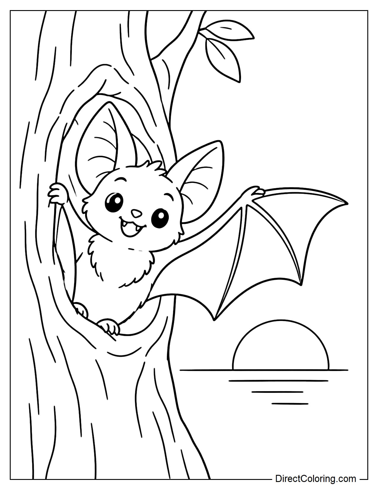 A cute bat peeks out of a tree hollow at sunset, stretching one wing wide while holding onto the edge of the hollow with the other, with the setting sun in the distance.