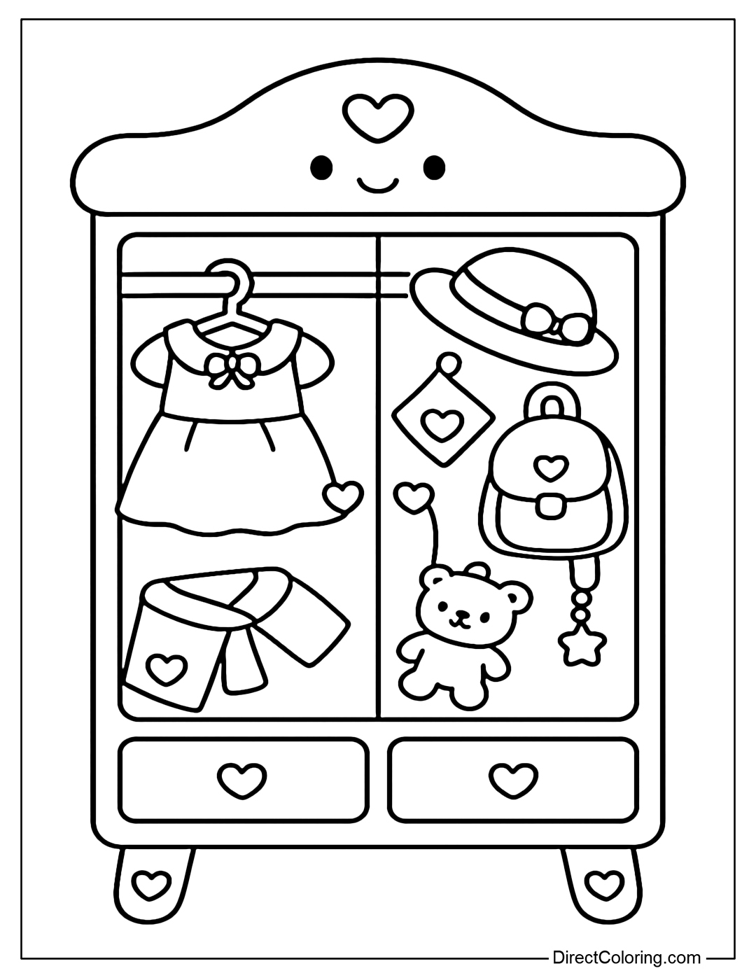 Coloring page of a small wardrobe with a dress, hat, backpack, handkerchief and zipper hanger.