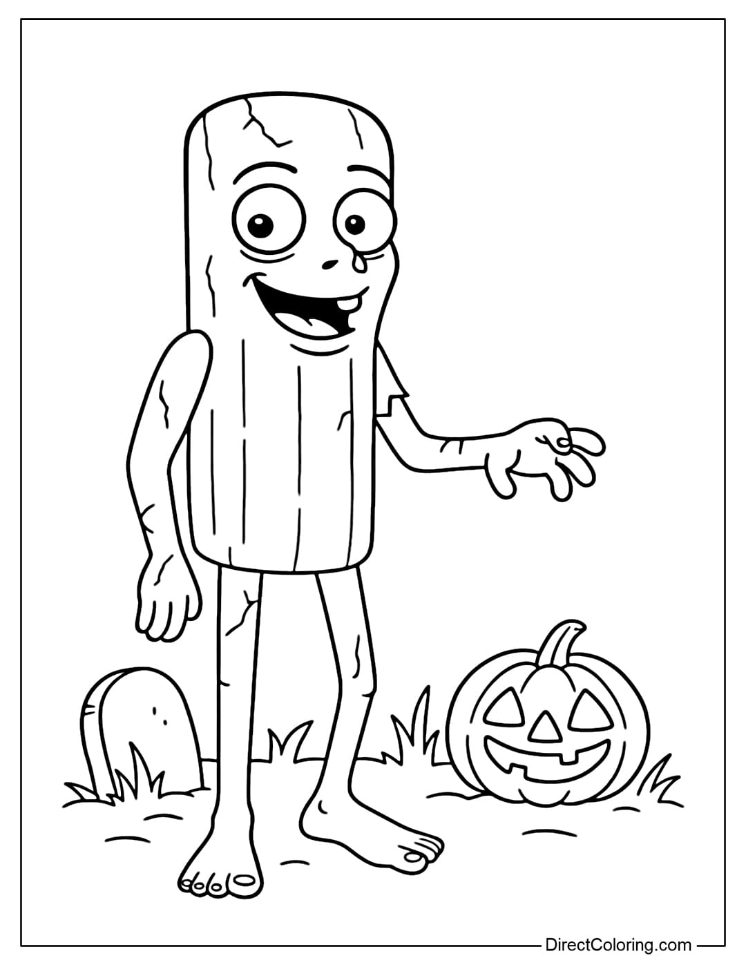 Coloring page Tung Tung Tung Sahur becomes a funny zombie, with slightly cracked skin and bulging round eyes.