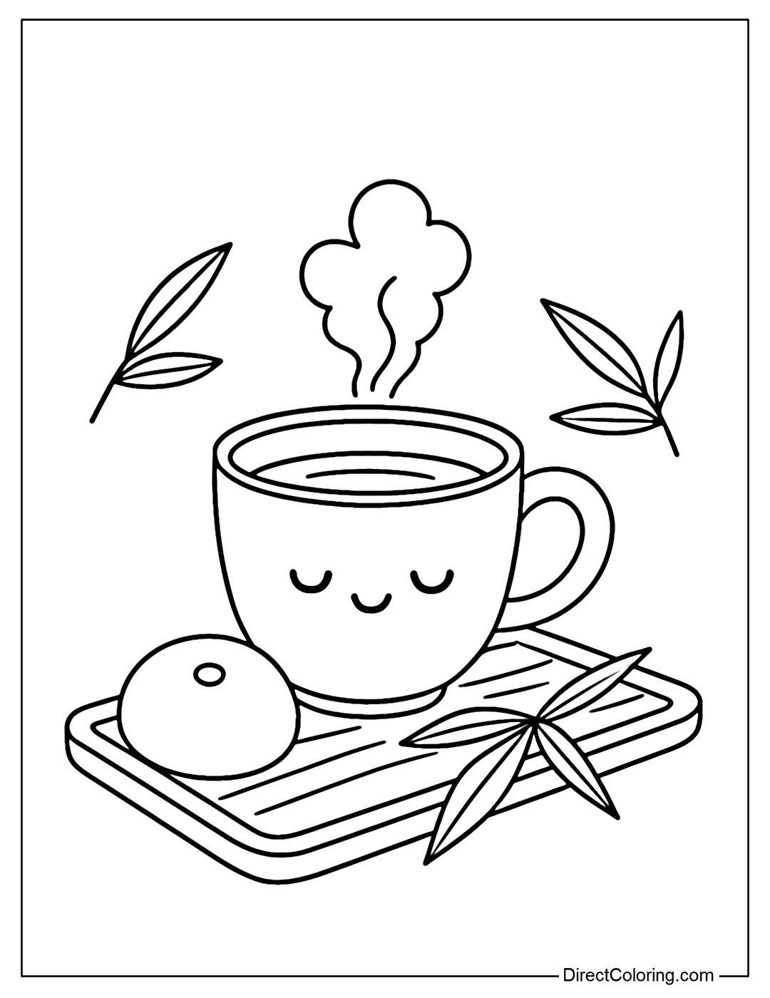 A warm green tea cup coloring page with a gentle face, placed on a wooden tray with mochi and bamboo leaves, the space evokes the peace of Japan.