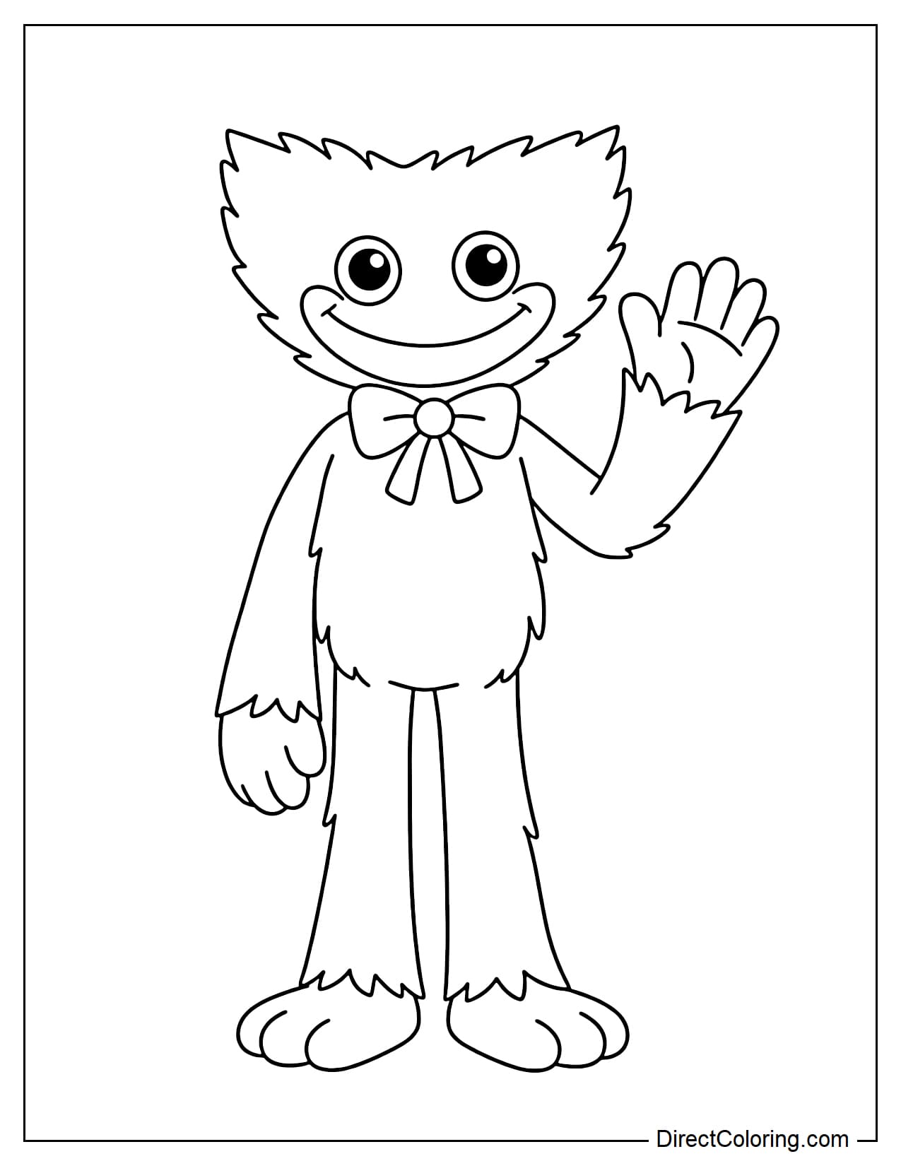 Huggy Wuggy stands alone, waving his hand with a slight smile.