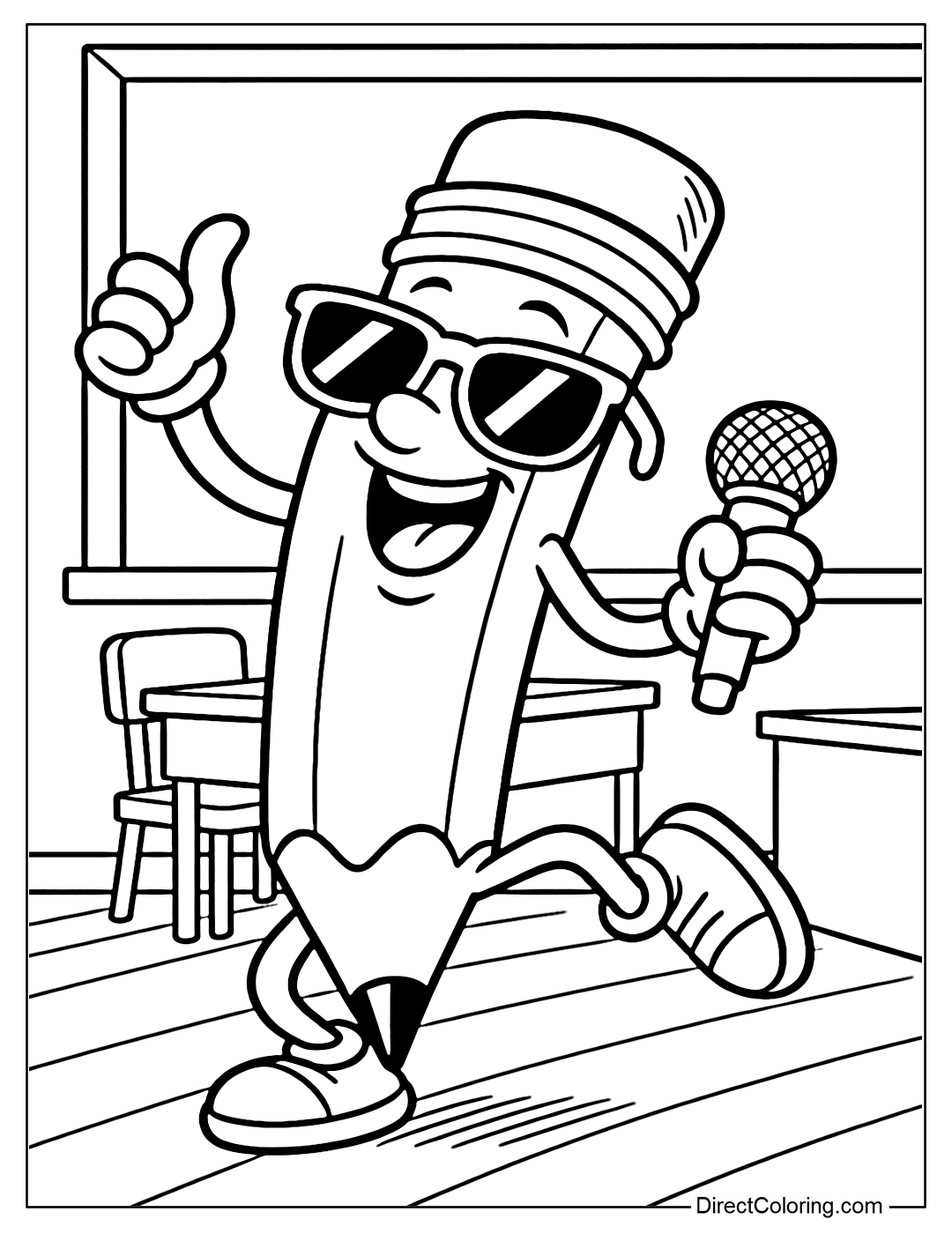 A coloring page of a pencil dancing happily in the classroom, holding a microphone and wearing cool sunglasses.