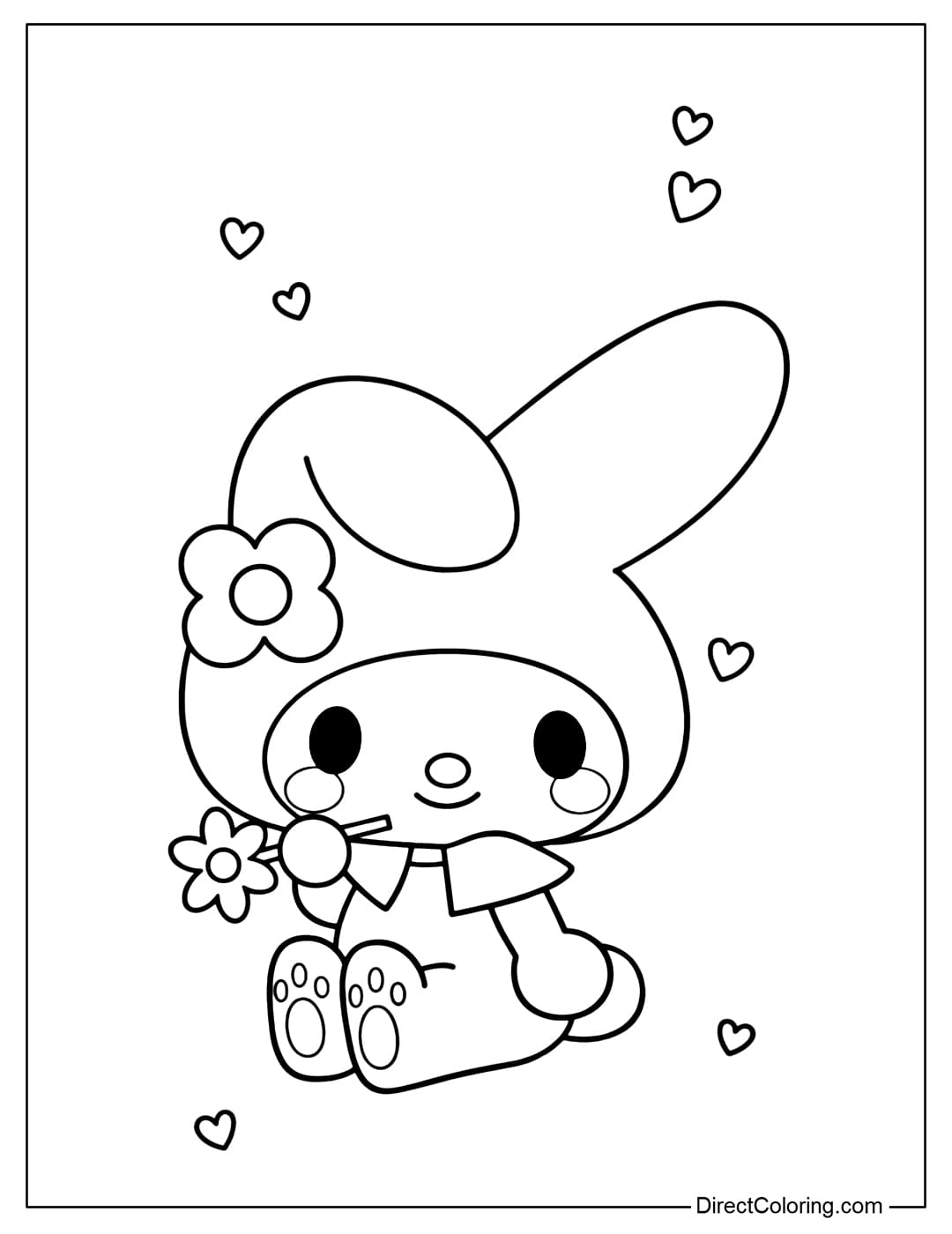 My Melody is sitting gently, holding a small flower, surrounded by fluttering hearts.