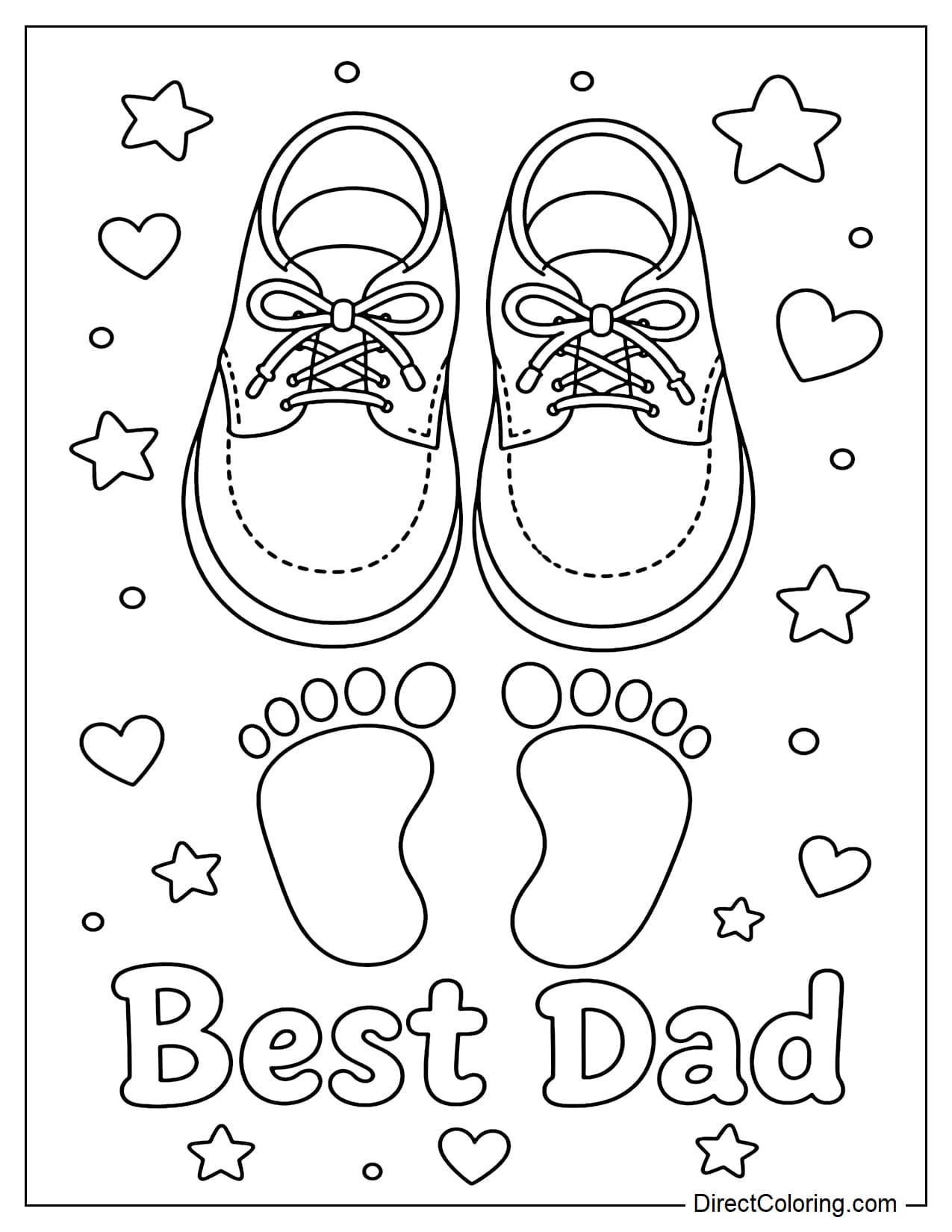 A pair of dad's shoes placed next to small footprints and the words 