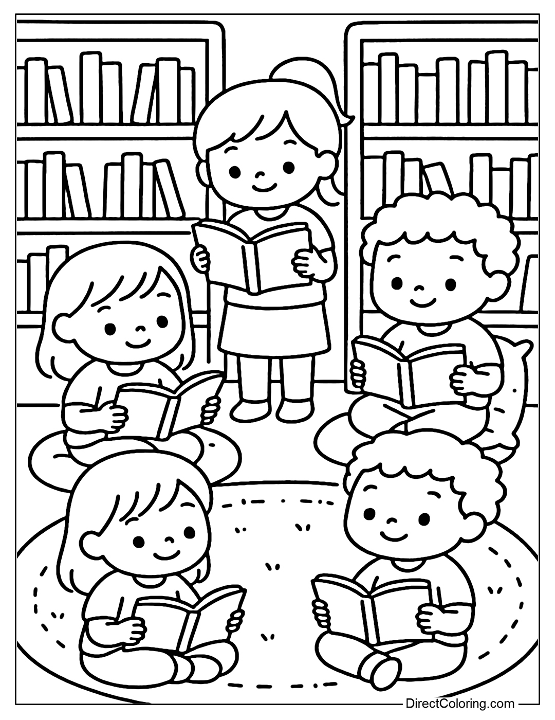 A cute little library coloring page where kids are sitting on pillows reading books, surrounded by shelves full of stories.