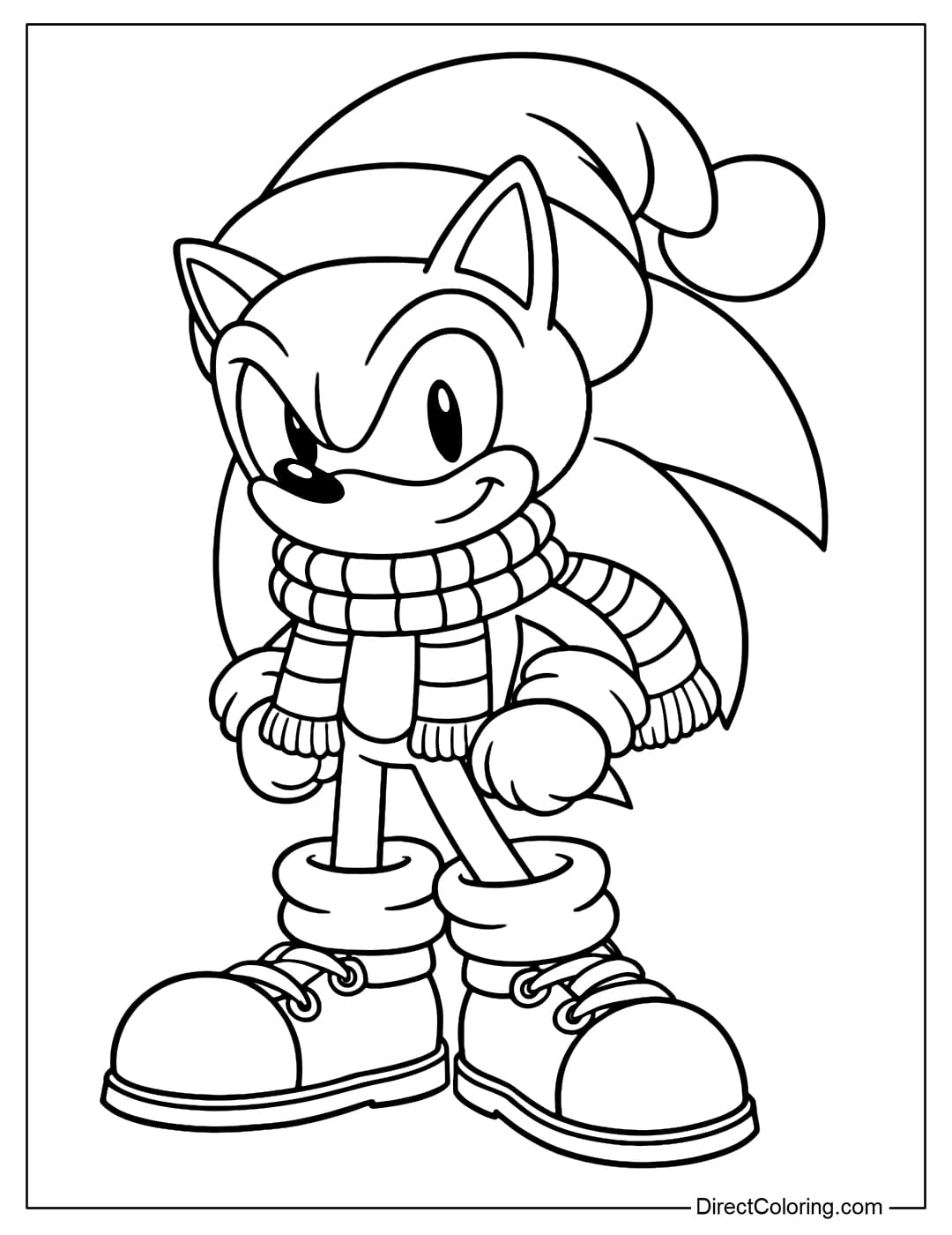 Coloring page of Sonic in a cozy winter outfit, complete with a Santa hat, warm scarf, fluffy gloves, and big winter boots.