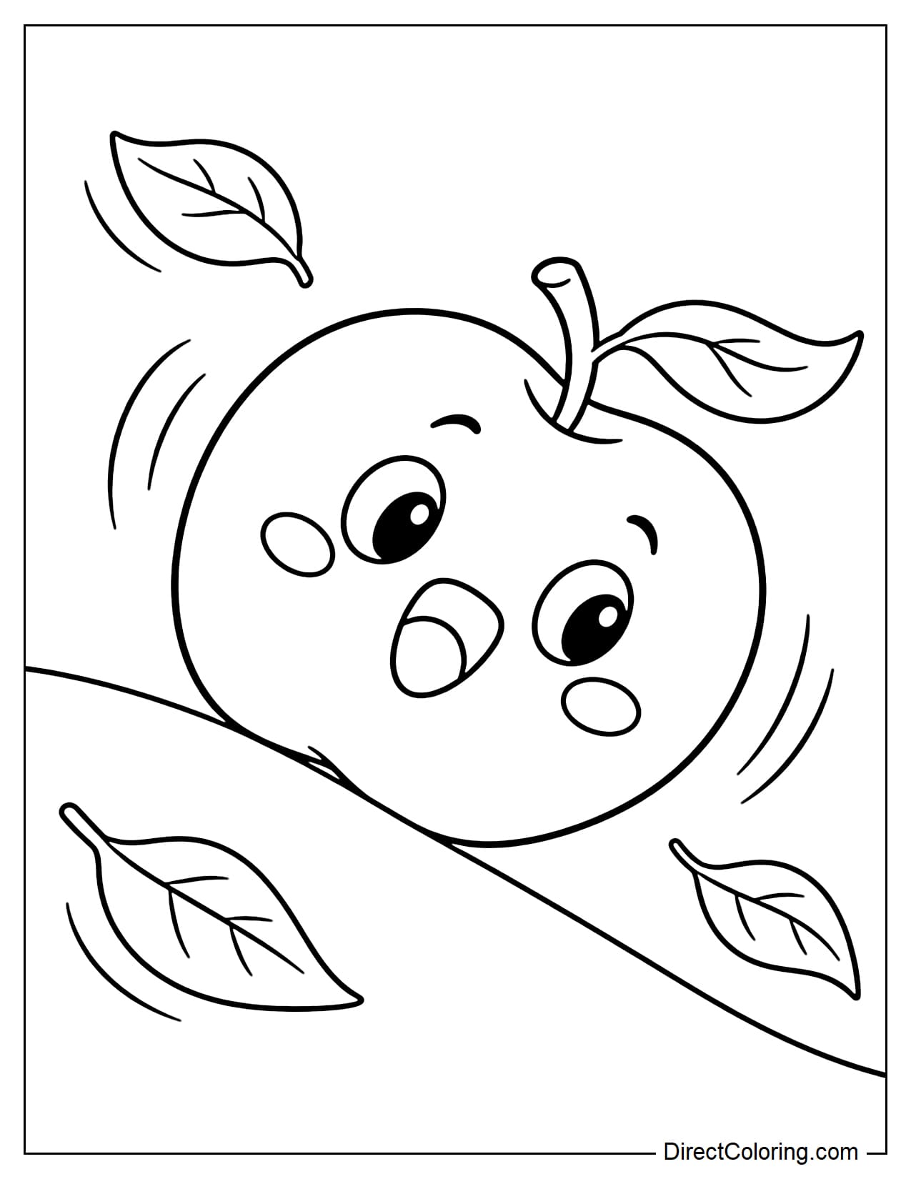 A large cute apple rolling sideways down a small hill, with the leaf on its stem blowing backward and a funny surprised expression.
