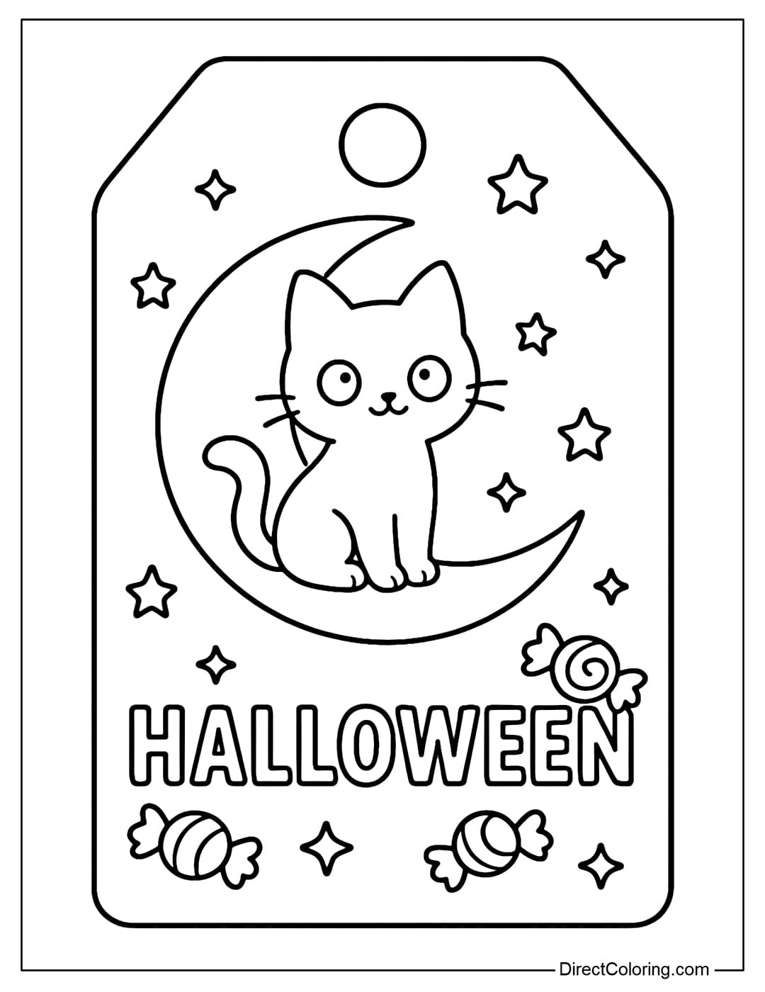 A Halloween candy tag coloring page with a black cat sitting on a crescent moon, decorated with a few small stars and candies.