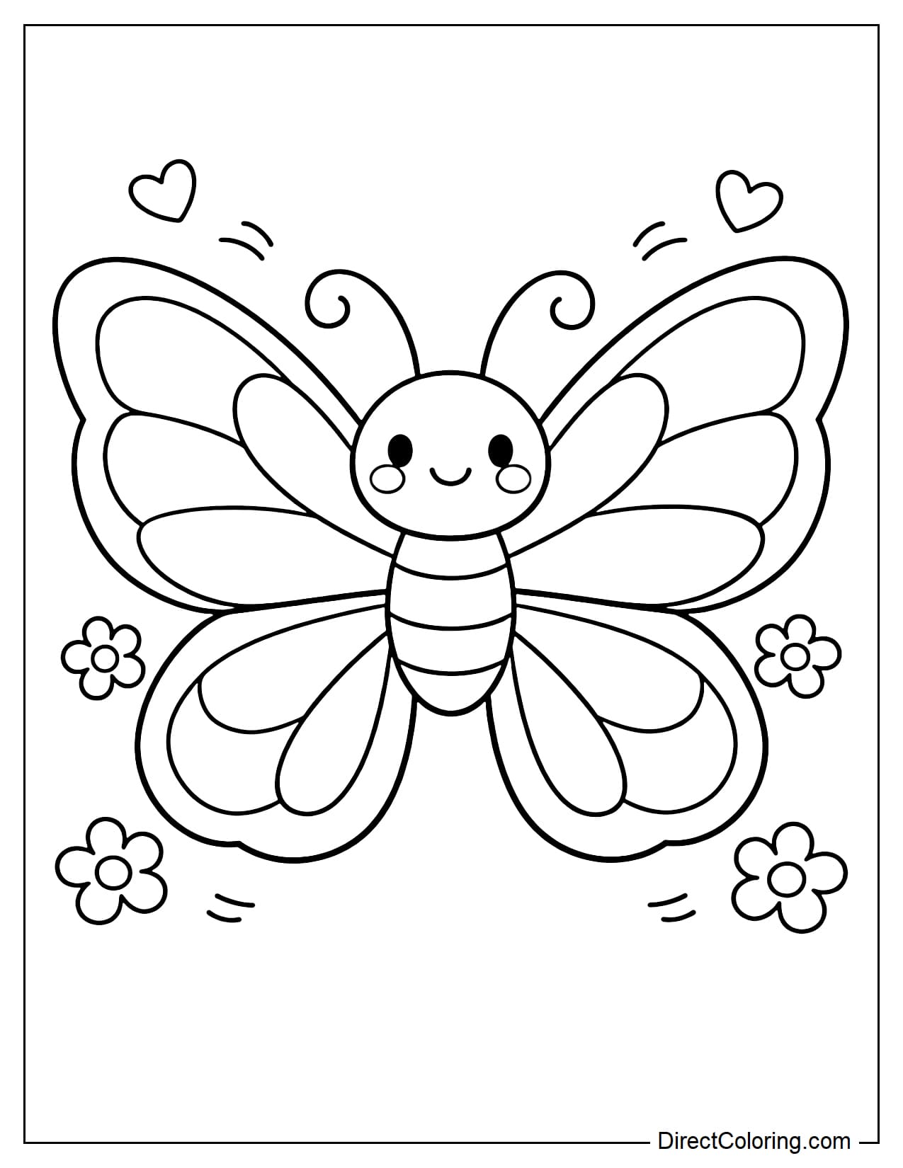 An adorable little butterfly with rosy cheeks, outstretched wings, surrounded by small hearts and blooming flowers.