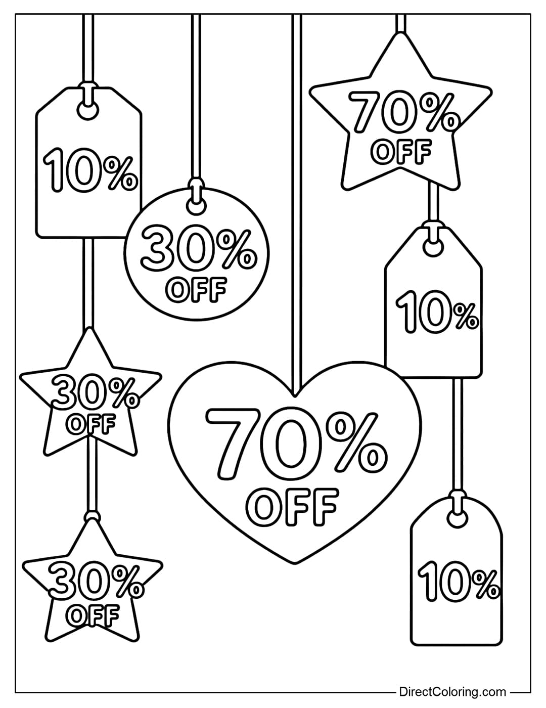 A coloring page with many hanging discount tags, written 10%, 30%, 70% OFF.