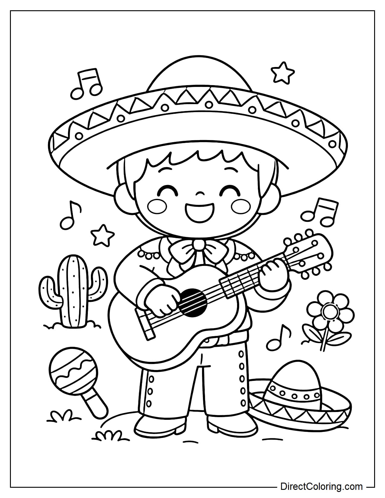 A boy in traditional Mexican attire is playing a guitar, wearing a large sombrero hat. He is surrounded by musical notes, stars, a cactus, a flower, and a maraca.
