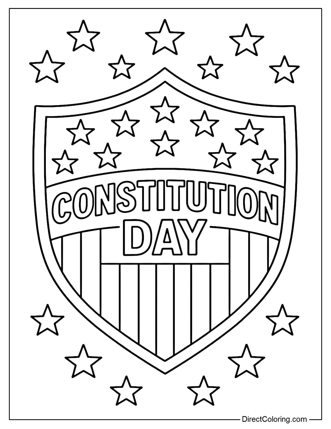 A coloring page of an American flag-shaped shield, with the words 