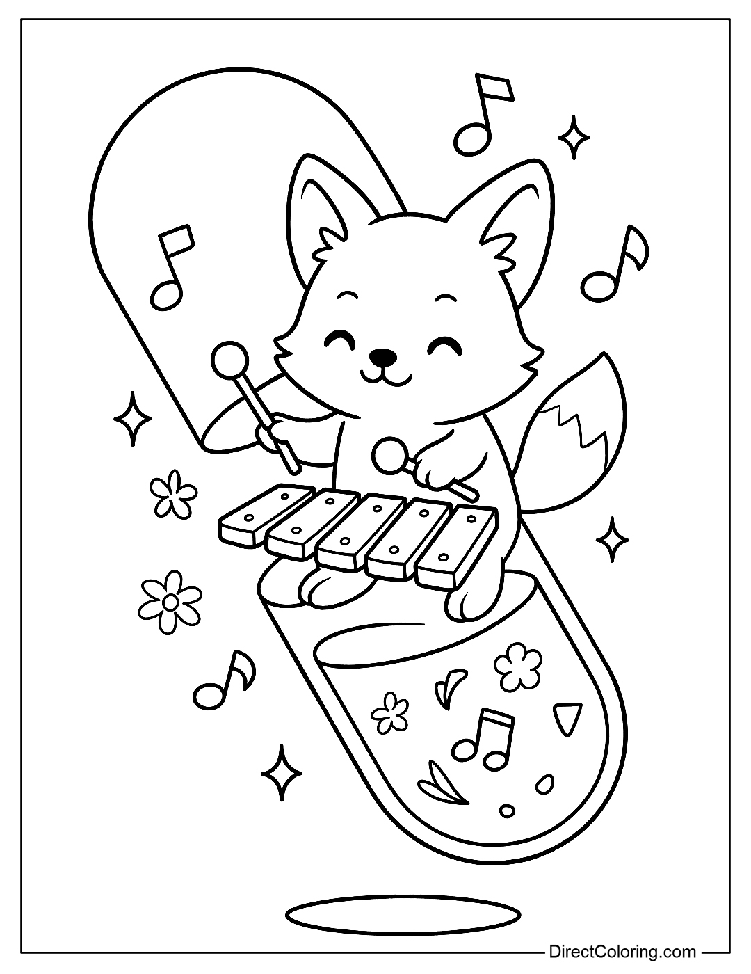 A coloring page of a capsule with a fox playing a xylophone made from a floating capsule, with musical notes flying around, a fantasy musical instrument style