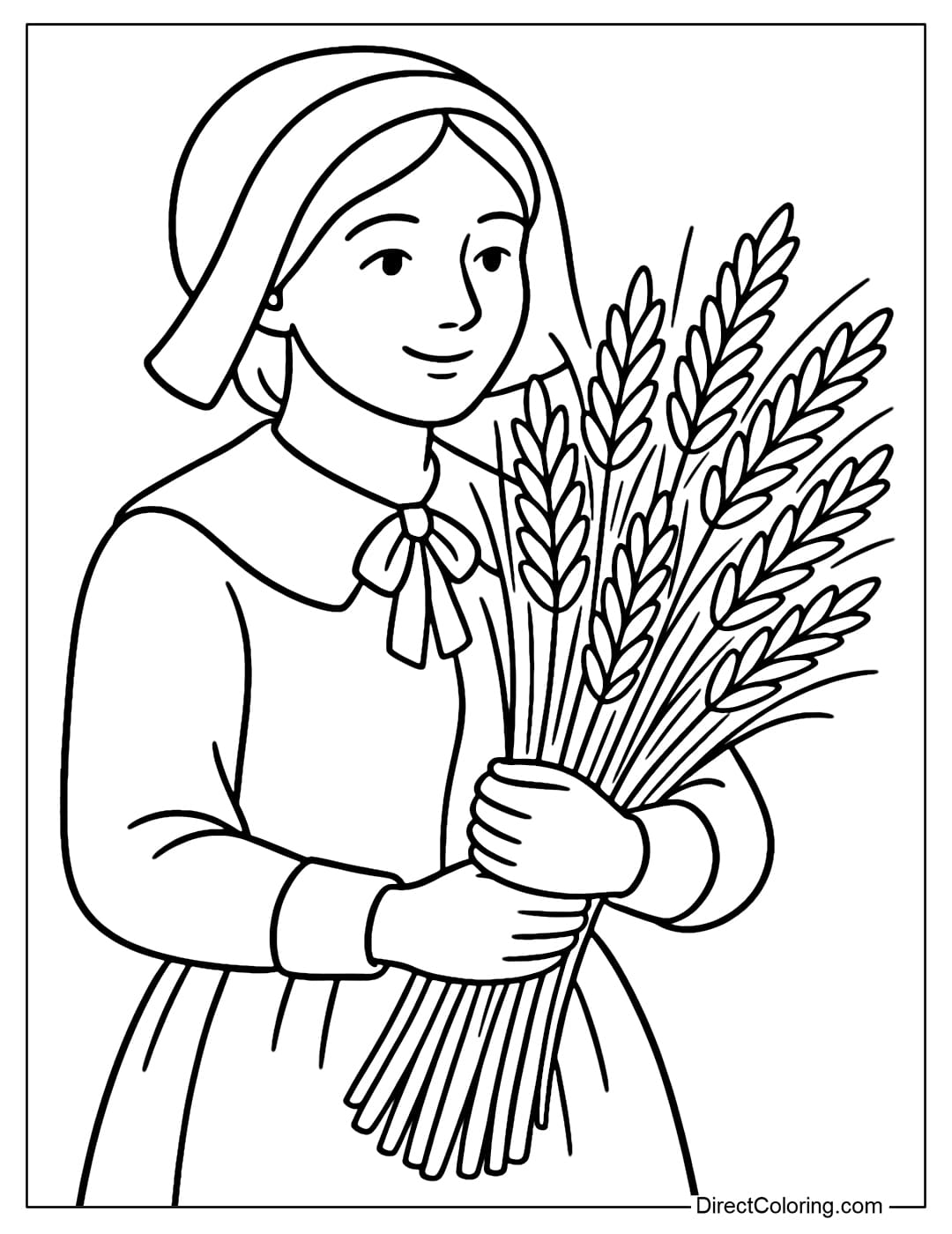 Coloring page of a Pilgrim woman holding a sheaf of wheat.
