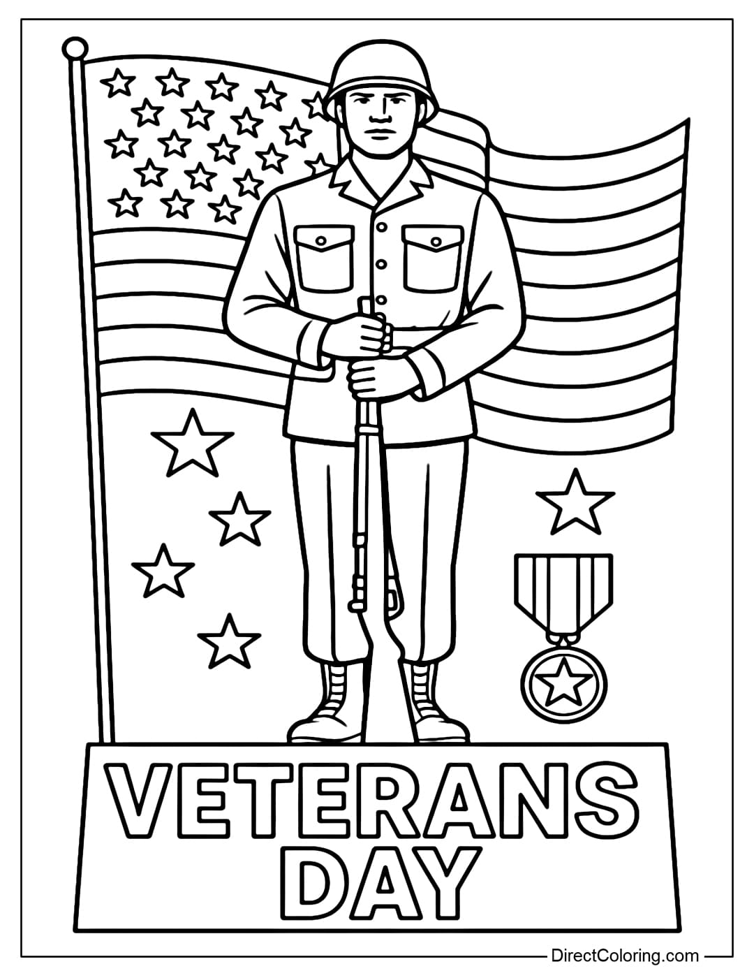 A monument coloring page of a soldier standing majestically, holding a gun on the ground. Right below is the word 