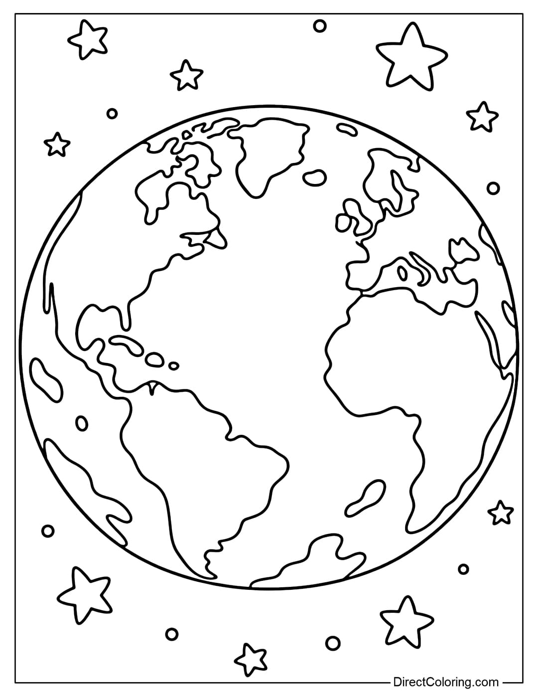 A coloring page featuring a large Earth surrounded by a few small stars, creating the feeling of a planet in space.