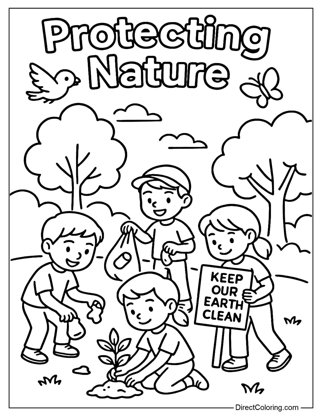 A coloring page of a group of little friends picking up trash and planting trees in the park, one of them holding a Keep Our Earth Clean sign.