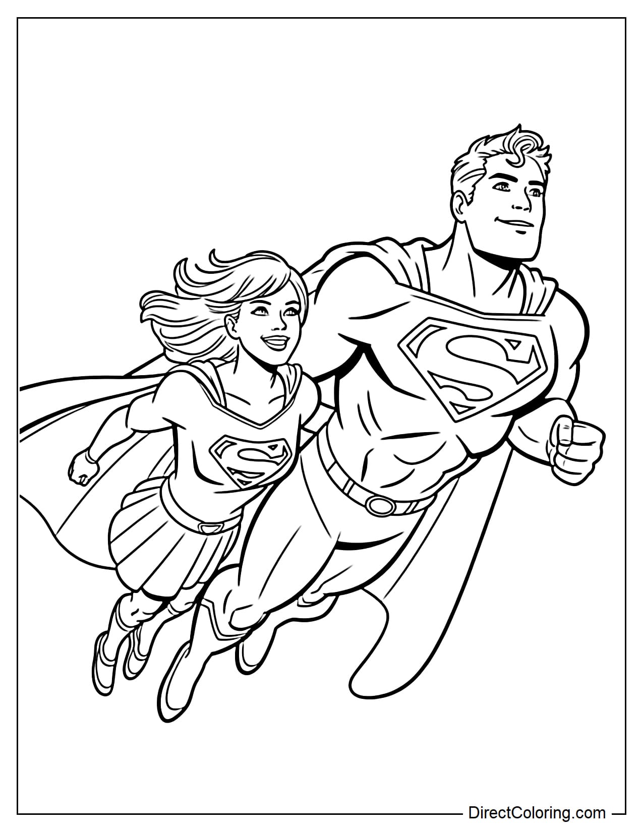 Superman and Supergirl are flying together in the sky with radiant smiles and powerful poses.