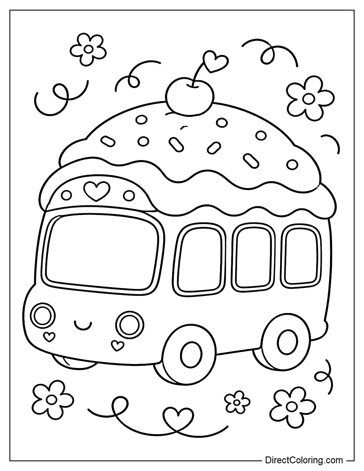 A cartoon-style school bus shaped like a cupcake, with a cute curved roof, a smooth body, and simple round wheels.