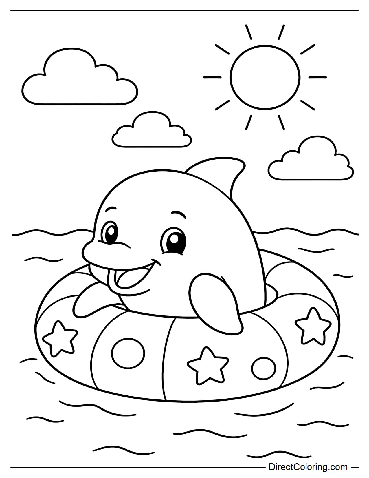 A cute dolphin is inside a large, simple-patterned round swimming ring, floating on the calm water with a few clouds and a round sun in the distance.