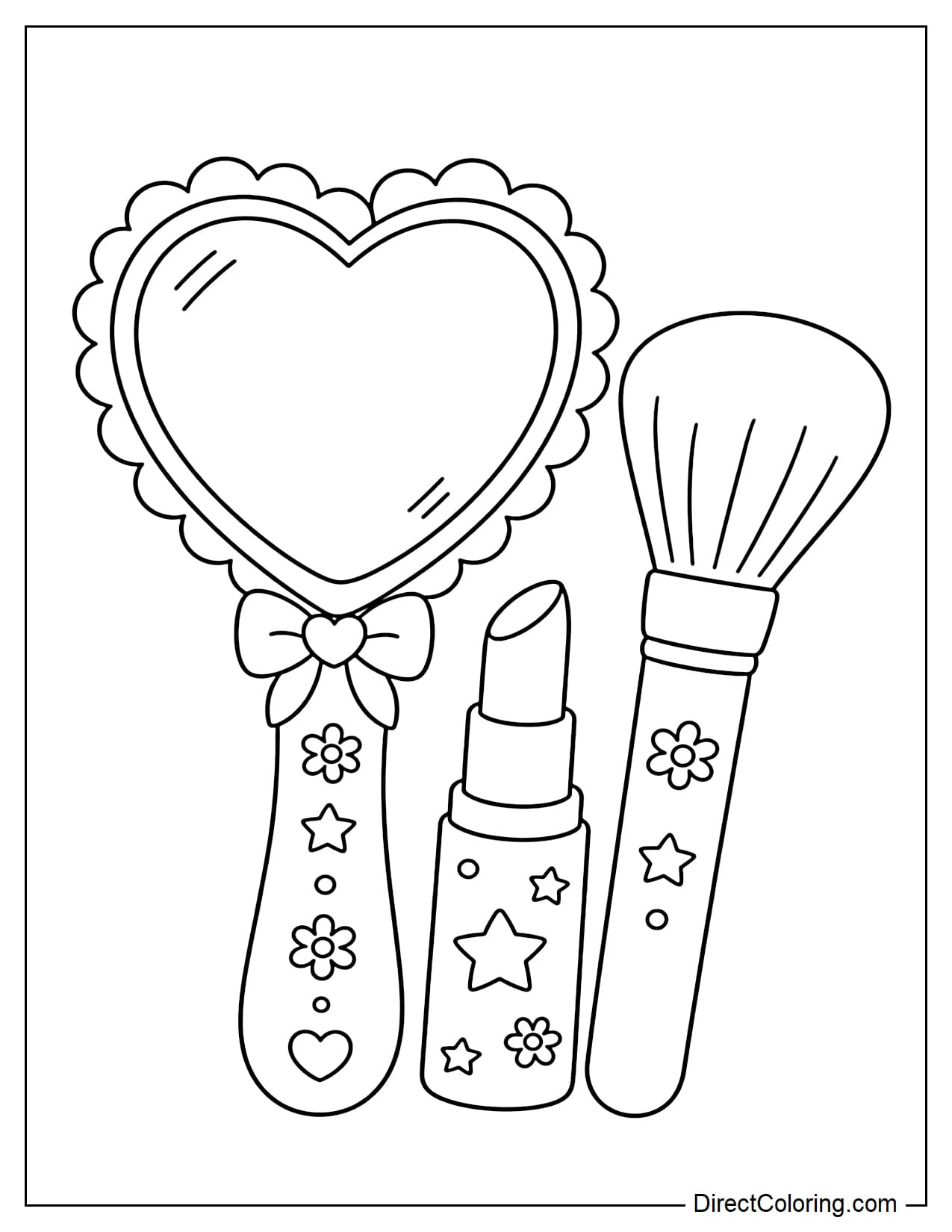 A heart-shaped hand mirror placed beside a lipstick and a large makeup brush, with flower and star patterns decorating the mirror handle and lipstick tube.