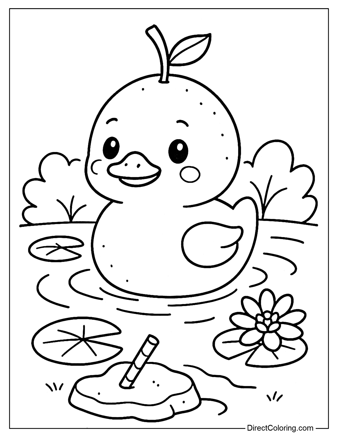 A round-bodied duckling coloring page like a yellow lemon, with small wings and round, sparkling eyes swimming in a small pond with lotus leaves and white flowers.