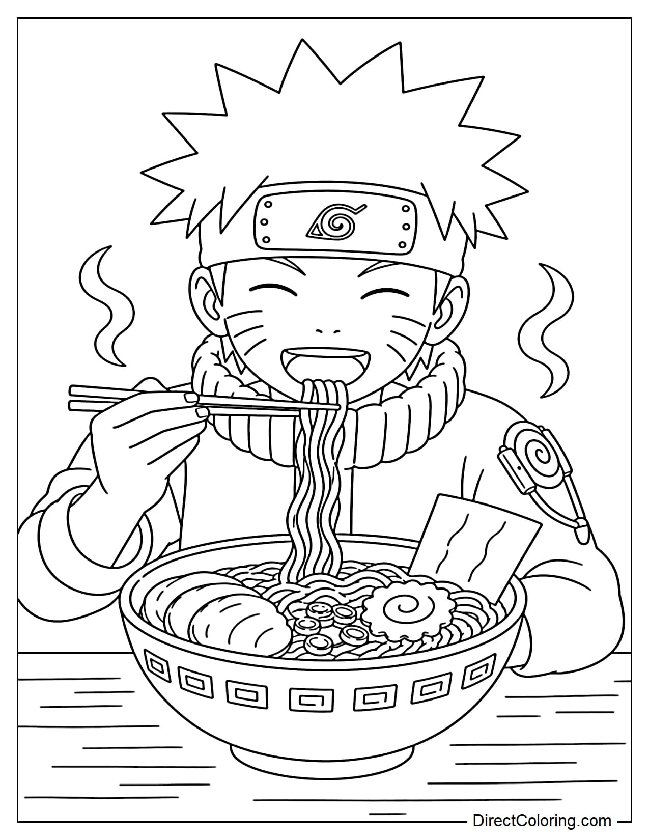 Naruto Uzumaki is sitting in front of a large bowl of ramen, holding chopsticks and eating with a happy expression.