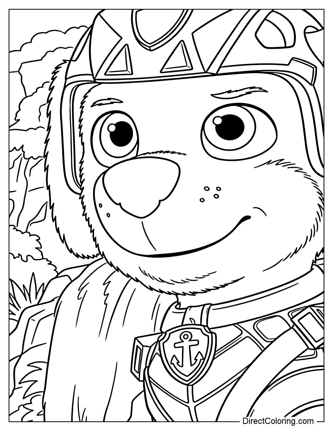 Zuma smiles confidently in his Dino Movie water-rescue gear, wearing his helmet and anchor badge with a simple waterfall and jungle background.