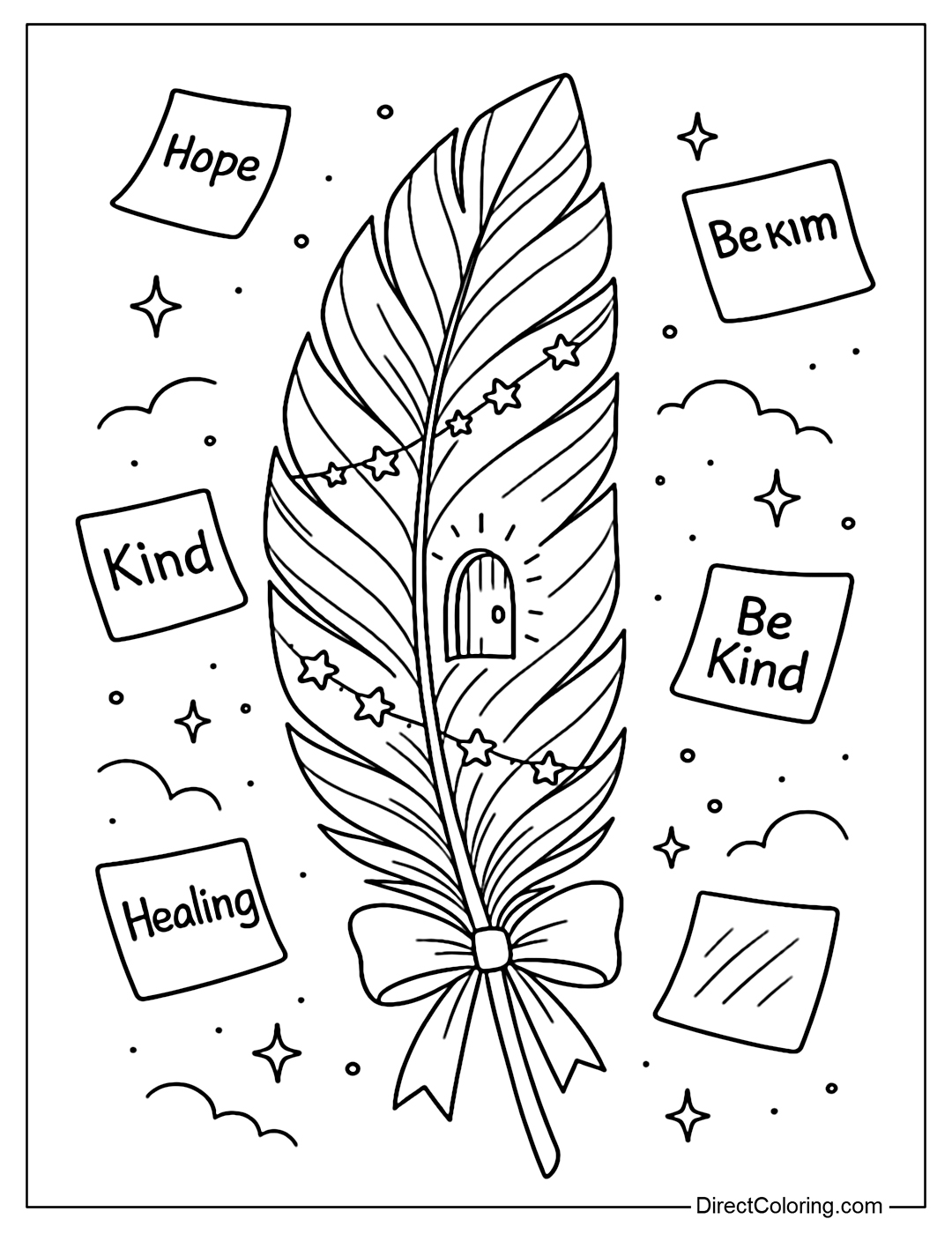 Feather coloring page with bows and hanging pieces of paper wishes. Along the spine of the feathers are strings of tiny star lights that give off a soft light, each piece of paper flies lightly in the air emitting a soft light like magic.