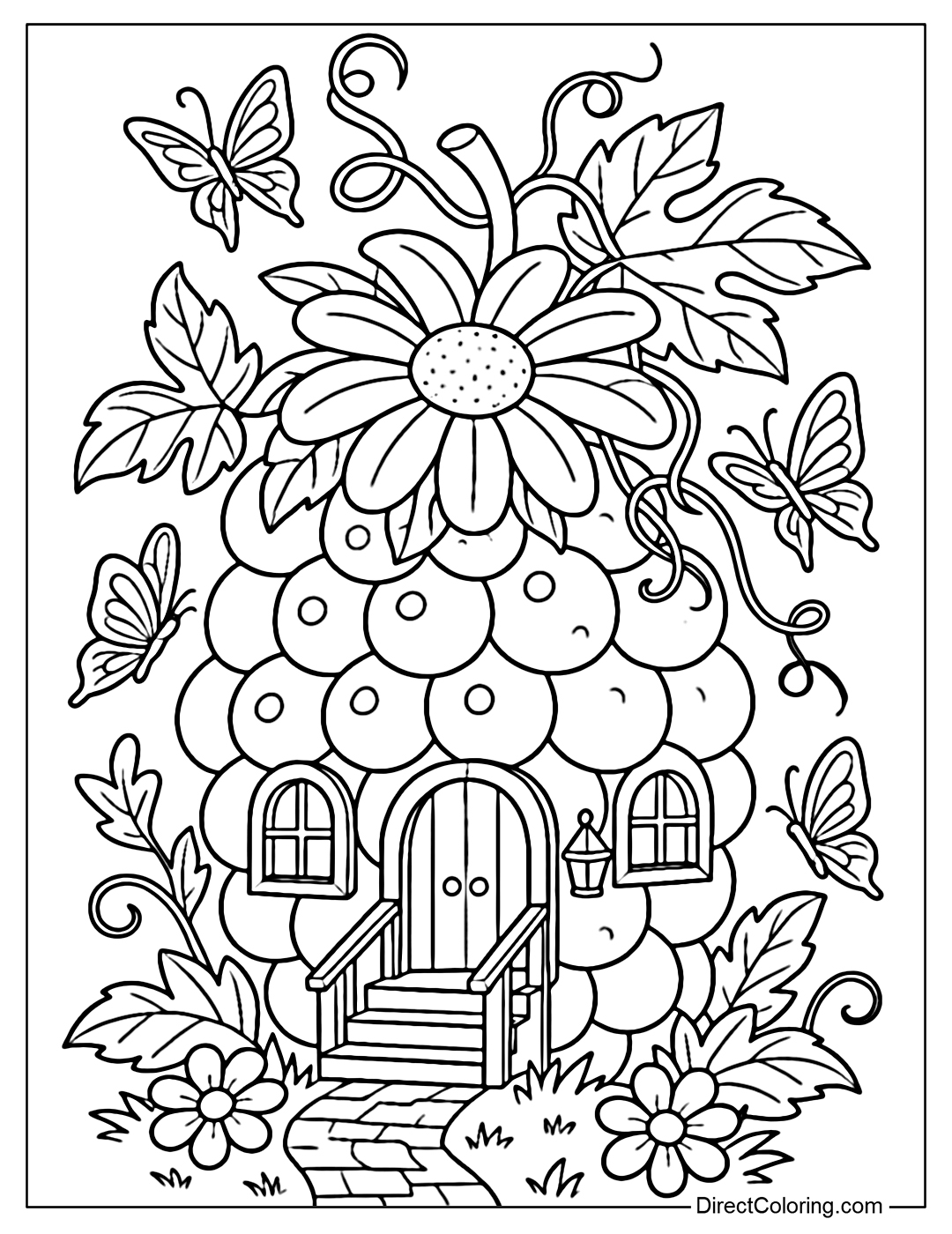A cute grape cluster house coloring page, made of round, plump grapes stacked into a tall house shape. On top is a large white daisy, along with large grape leaves and vines that gently curve around the house.