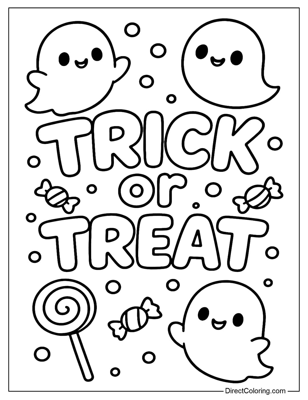 A coloring page of the fat Trick or Treat lettering, surrounded by a small ghost, surrounded by balloons and candies.