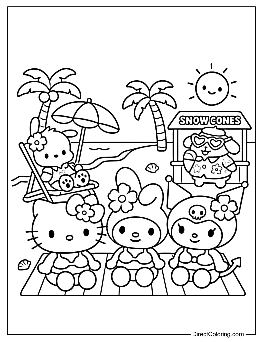 A coloring page showing Sanrio characters Hello Kitty, My Melody, and Kuromi enjoying a summer vacation on a sunny beach.