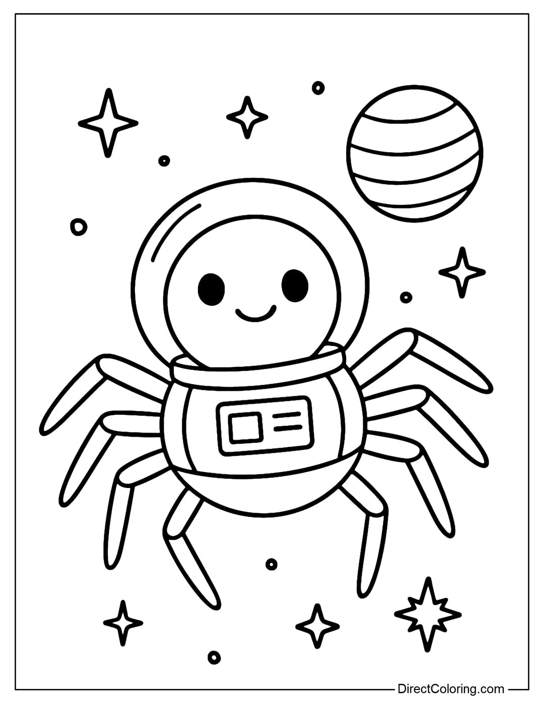 A coloring page of an astronaut spider in a spacesuit, floating in space with planets and stars around.